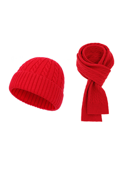 Bright red cable-knit hat and scarf set on a white background
