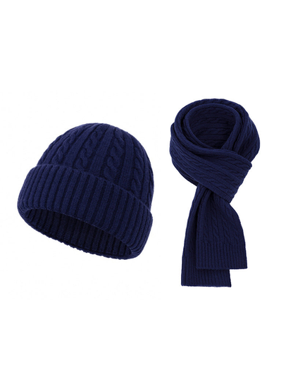 Navy cable-knit hat and scarf set on a white background