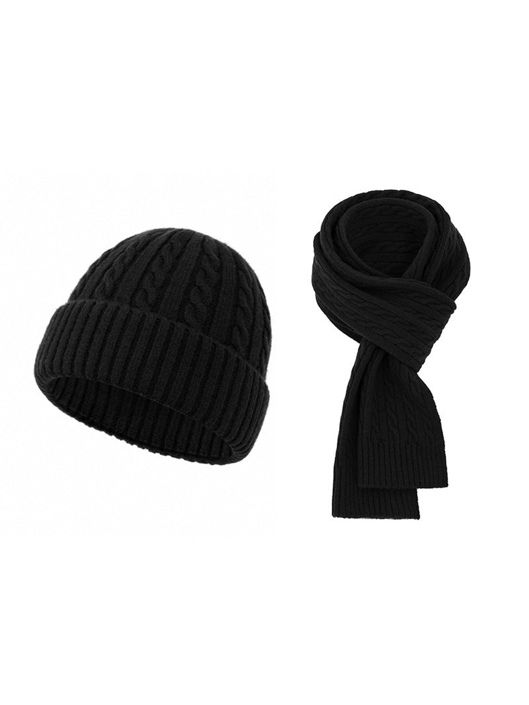 Black cable-knit hat and scarf set on a white background