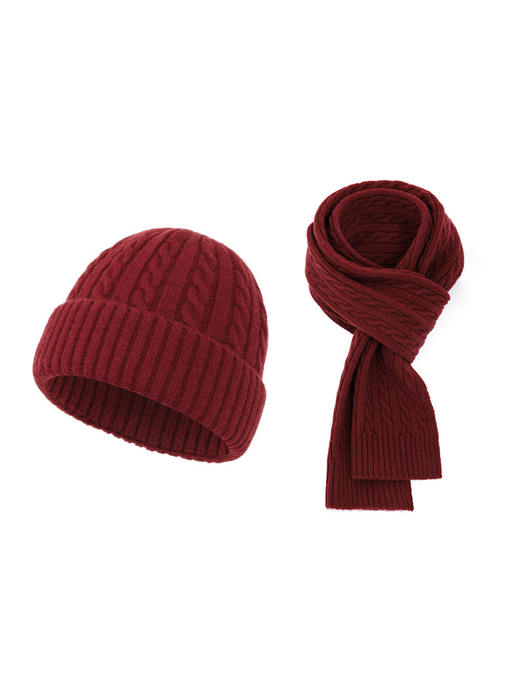 Burgundy cable-knit hat and scarf set on a white background