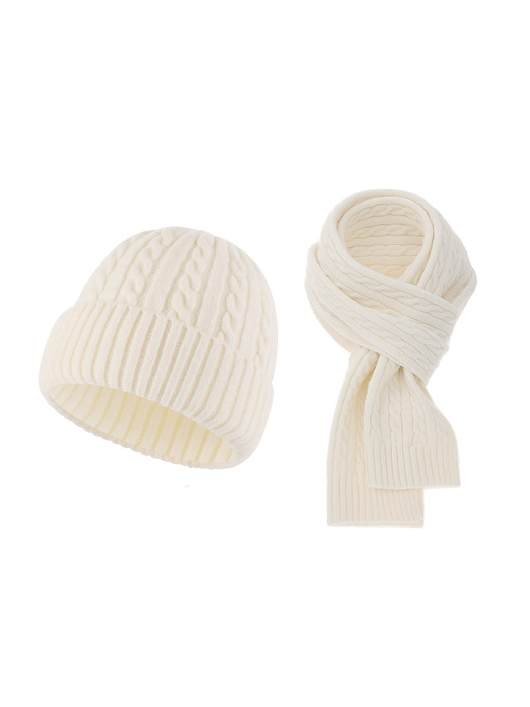 Ivory cable-knit hat and scarf set on a white background