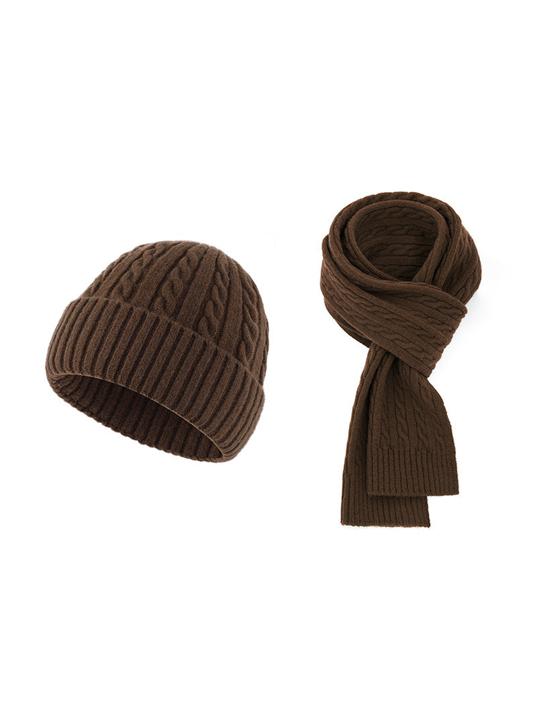 Dark brown cable-knit hat and scarf set on a white background