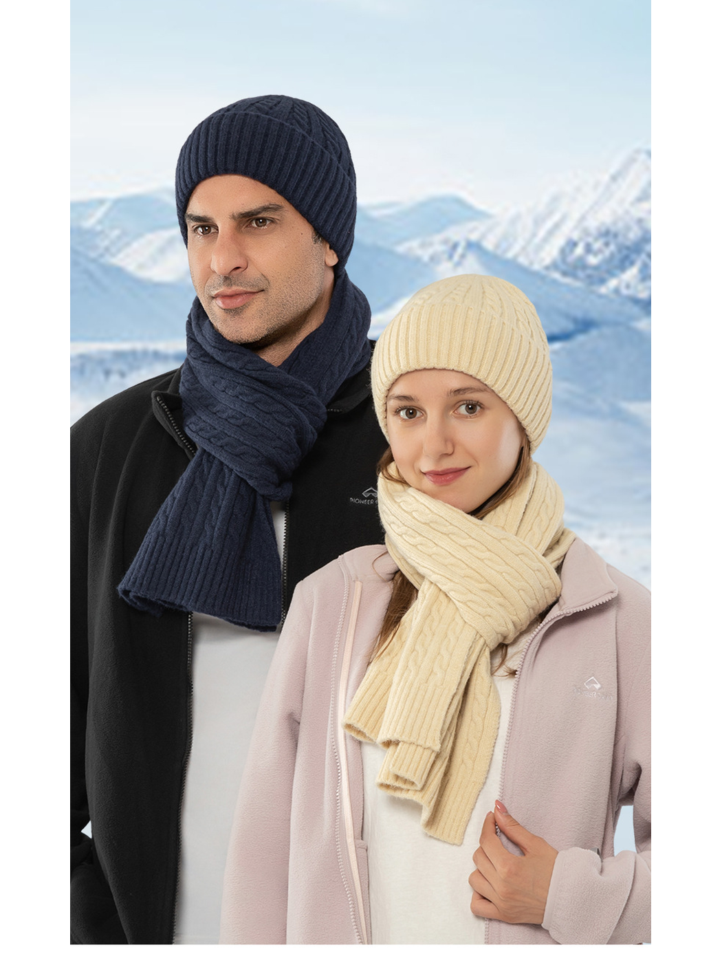 Navy and ivory cable-knit hat and scarf sets worn in a snowy setting