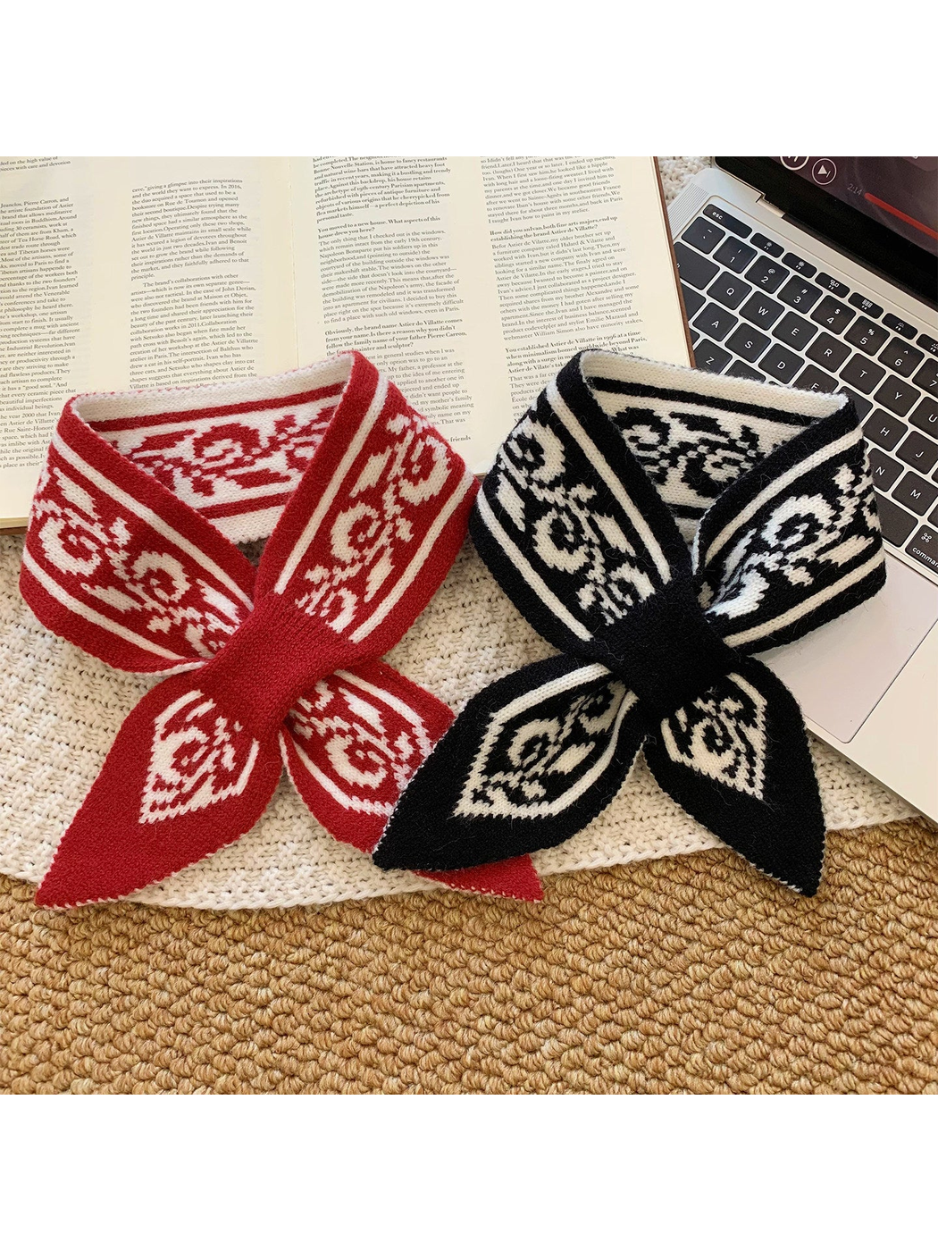 Red and black paisley pull-through scarves displayed together