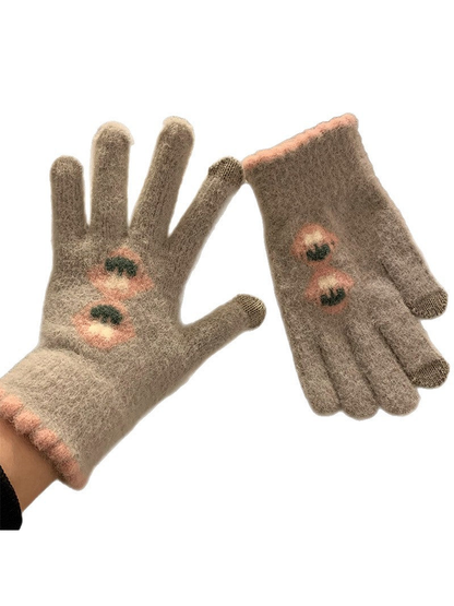 Gray fuzzy gloves with stacked floral motifs and contrasting fingertips