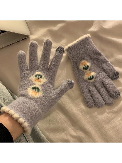 Blue-gray fuzzy gloves with stacked floral motifs and cream trim