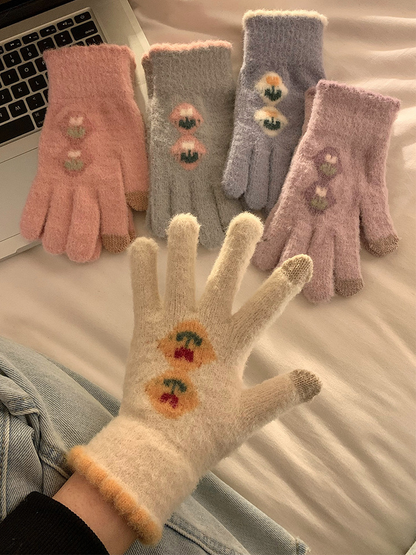 Cream glove worn in front of pink, gray, blue-gray and purple color options