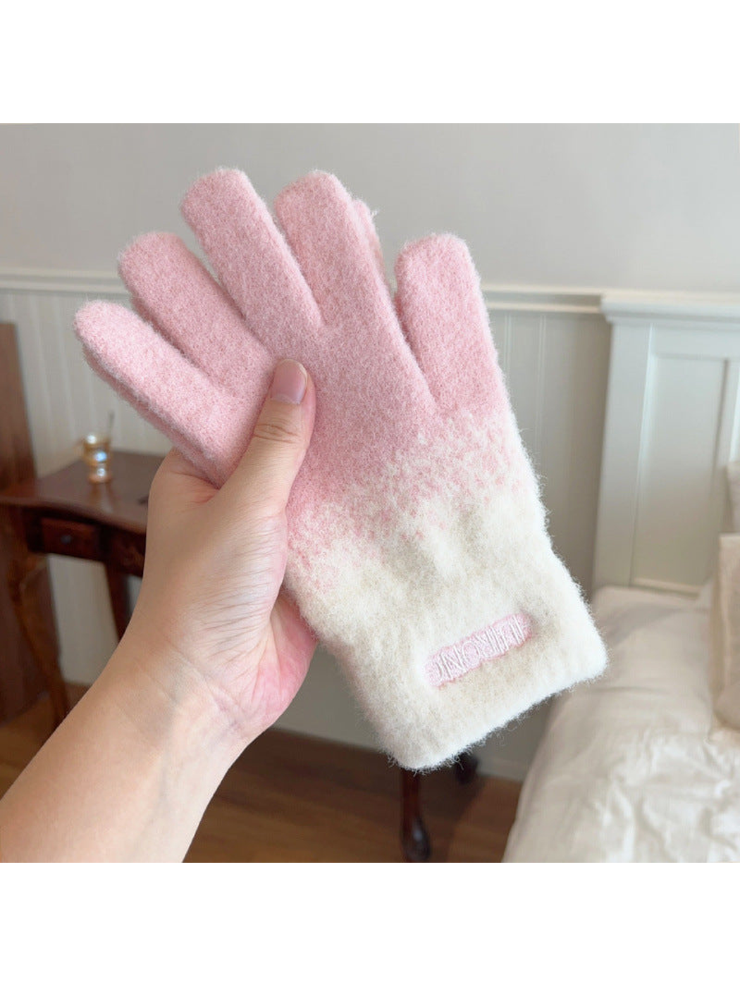 Light pink two-tone fuzzy gloves with cream extended cuffs