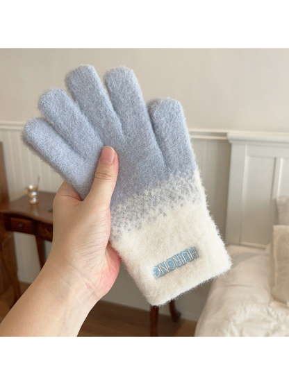 Light blue two-tone fuzzy gloves with cream extended cuffs