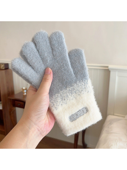 Gray two-tone fuzzy gloves with cream extended cuffs