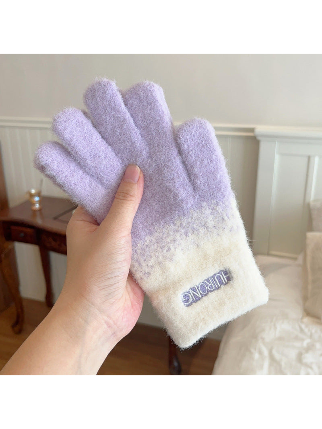 Light purple two-tone fuzzy gloves with cream extended cuffs