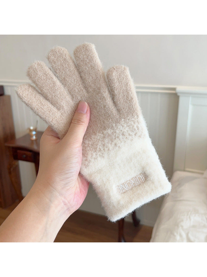 Beige two-tone fuzzy gloves with cream extended cuffs