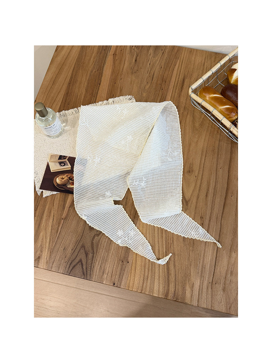 Ivory pleated triangle scarf with fine stripes and floral sprigs