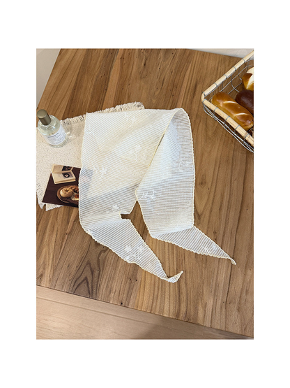 Ivory pleated triangle scarf with fine stripes and floral sprigs