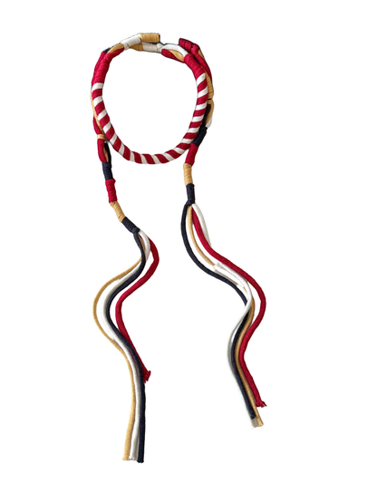 Red, white, mustard and navy skinny scarf with striped loop and long split cord ends