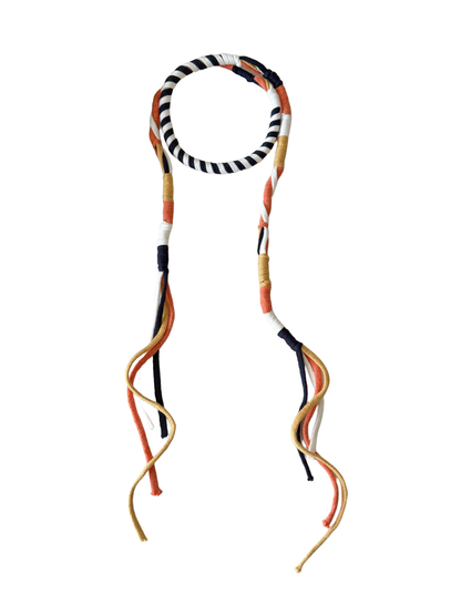 Orange, mustard, white and navy skinny scarf with long split cord ends