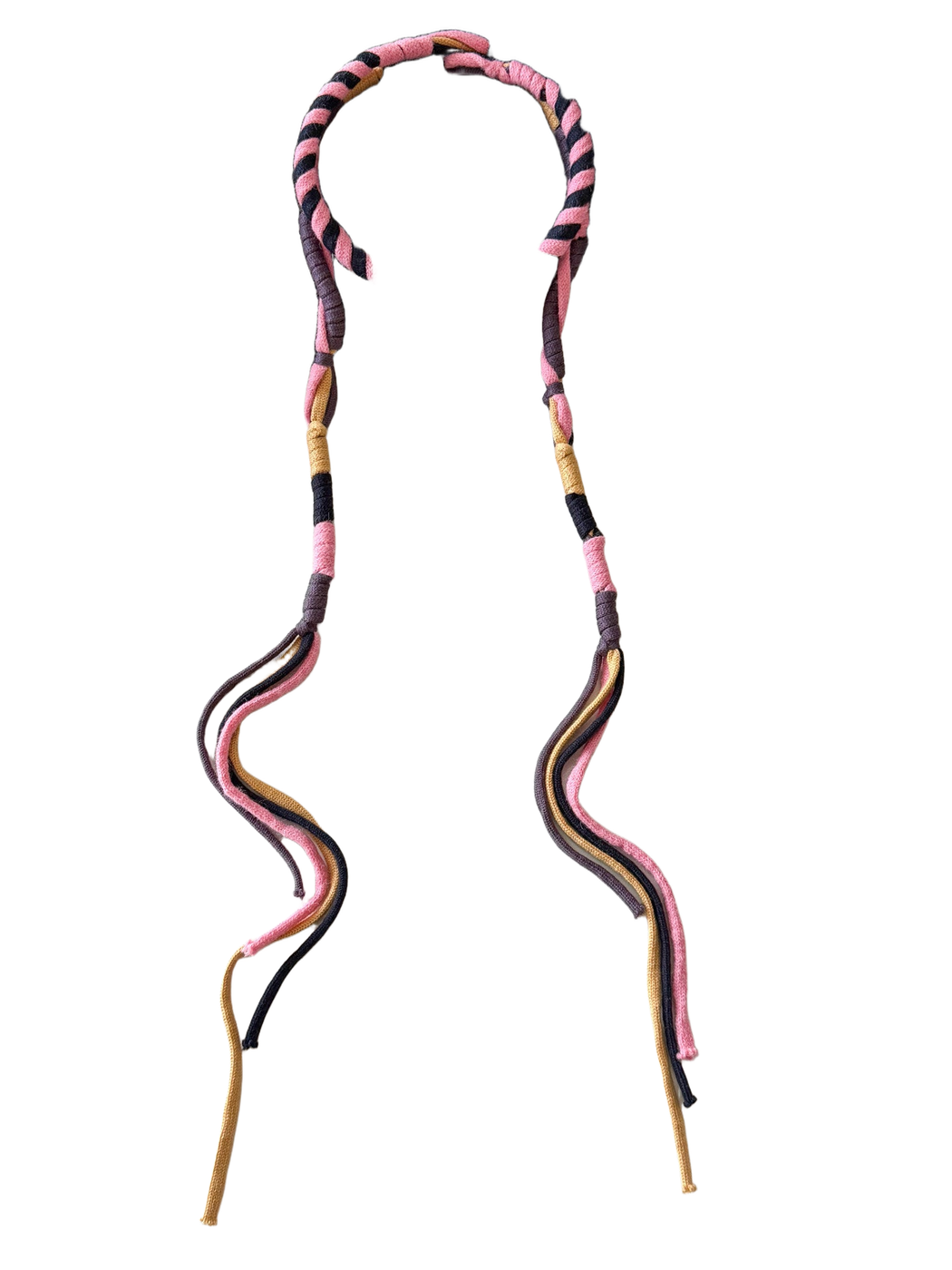 Pink, purple, mustard and navy skinny scarf with long split cord ends