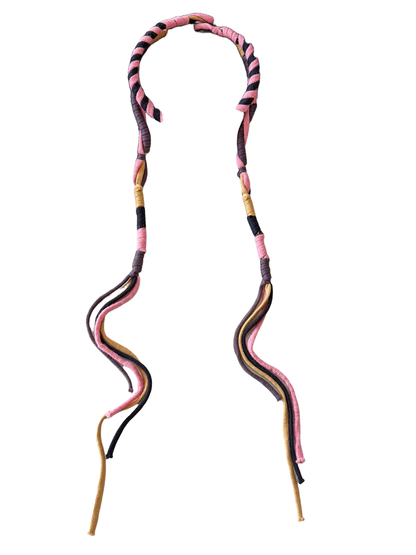 Pink, purple, mustard and navy skinny scarf with long split cord ends