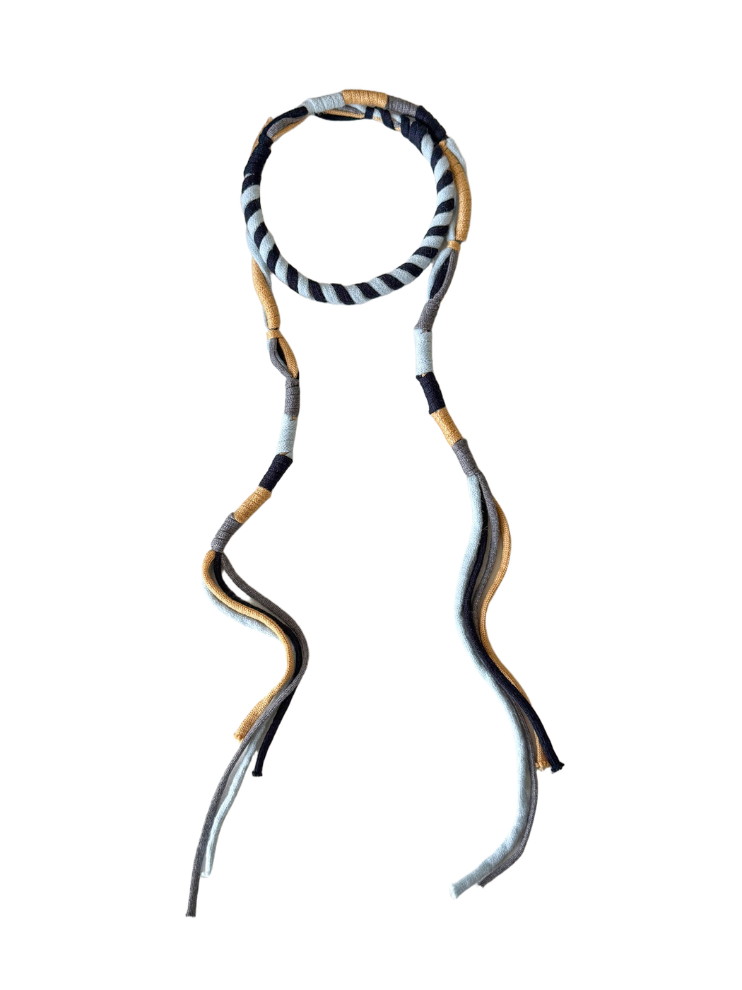 Light blue, gray, mustard and navy skinny scarf with long split cord ends