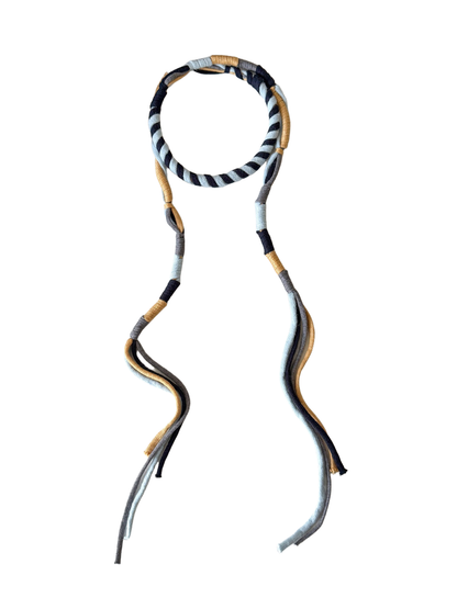 Light blue, gray, mustard and navy skinny scarf with long split cord ends