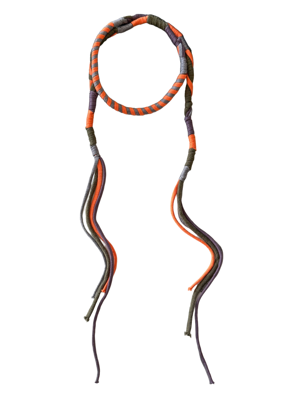 Orange, army green, gray and purple skinny scarf with long split cord ends
