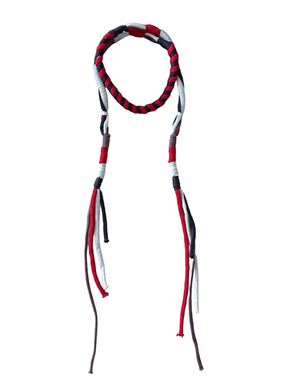 Red, light blue, navy and purple skinny scarf with long split cord ends