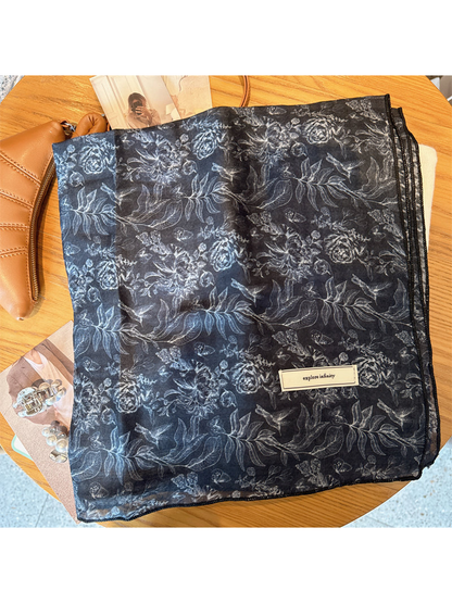 Navy floral square scarf displayed fully open