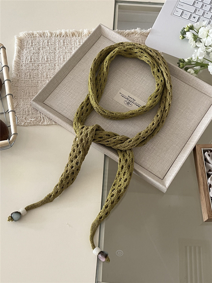 Olive green openwork scarf with tapered ends and bead accents