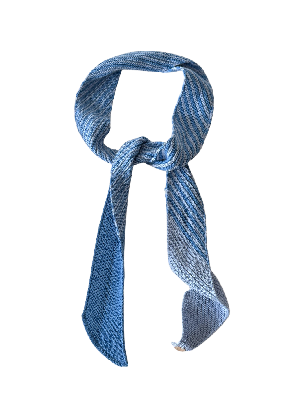 Light and deep blue striped skinny scarf tied in a loose knot