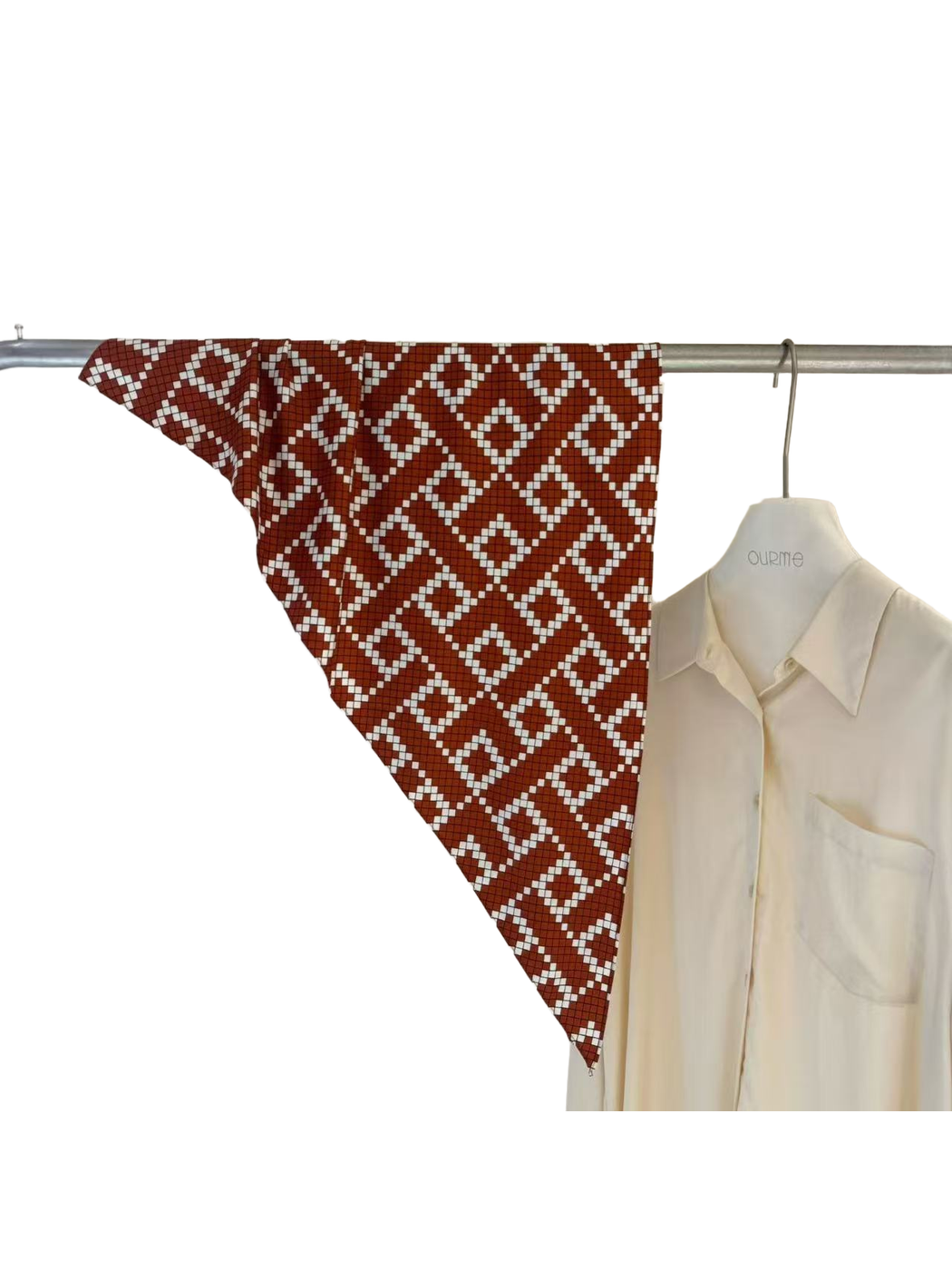 Red geometric diamond triangle scarf in a full hanging view