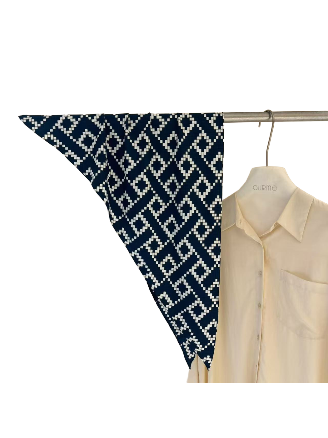 Navy geometric diamond triangle scarf in a full hanging view