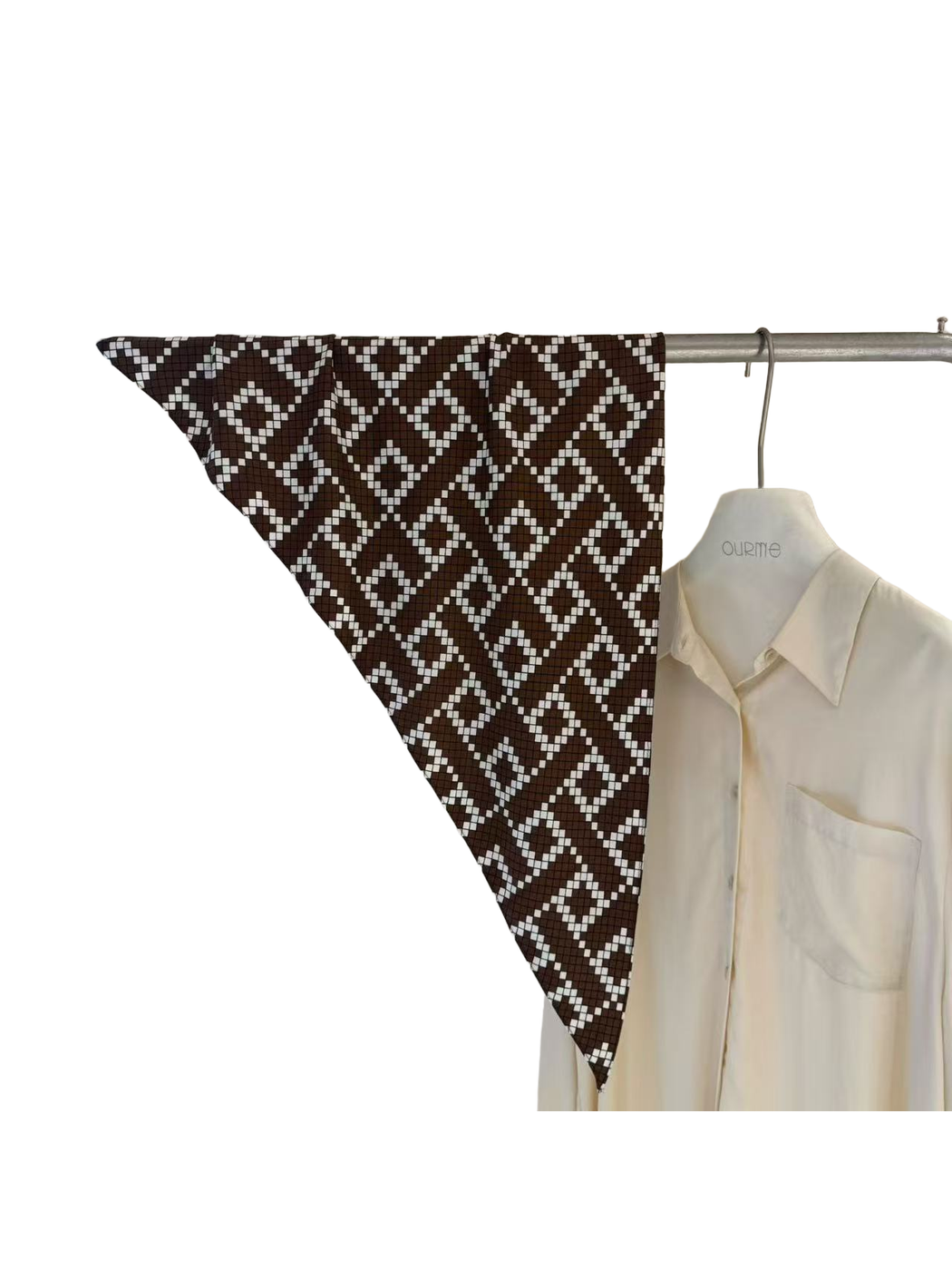 Dark brown geometric diamond triangle scarf in a full hanging view