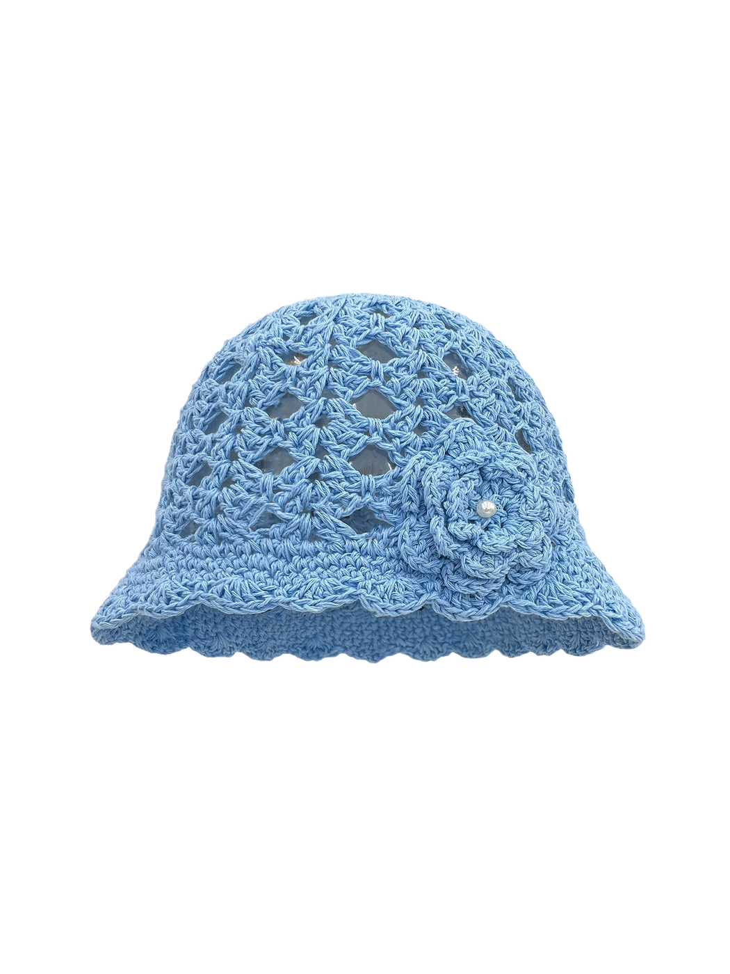 Light blue openwork beanie with scalloped brim and flower applique, front view