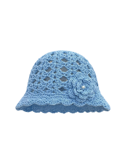 Light blue openwork beanie with scalloped brim and flower applique, front view