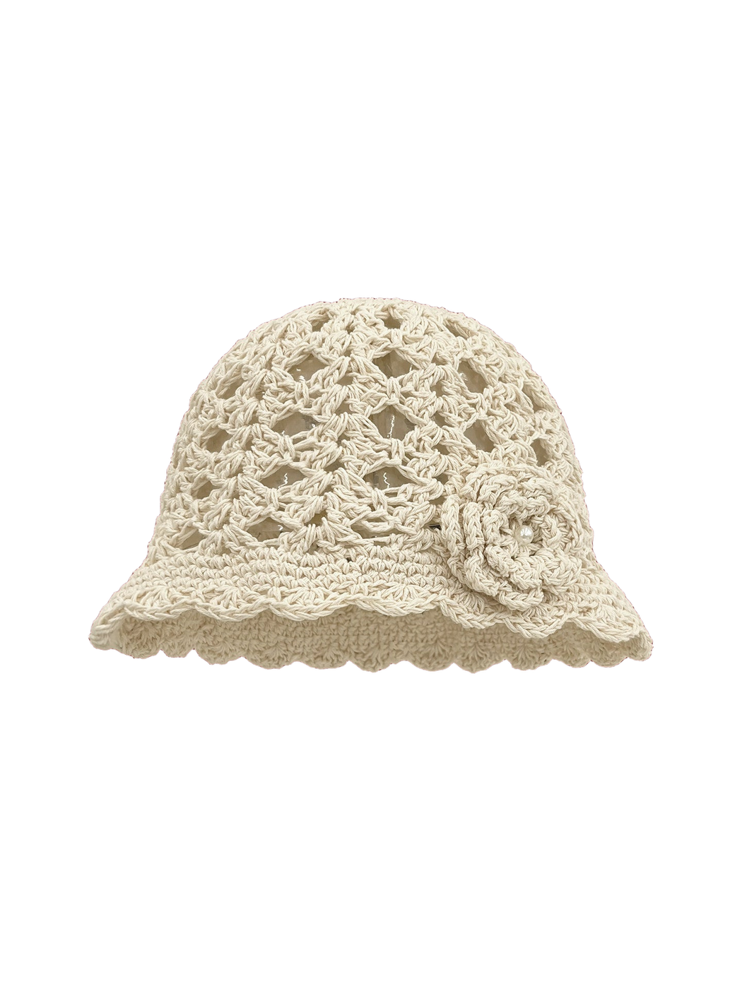 Ivory openwork beanie with scalloped brim and flower applique, front view