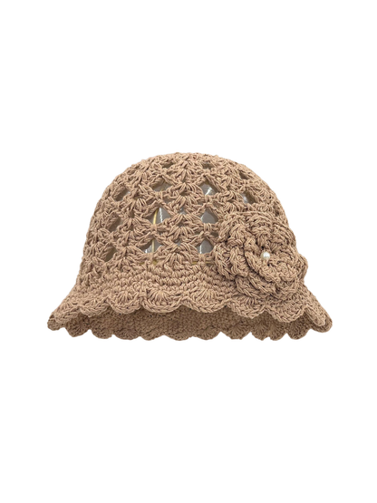 Khaki brown openwork beanie with scalloped brim and flower applique, front view