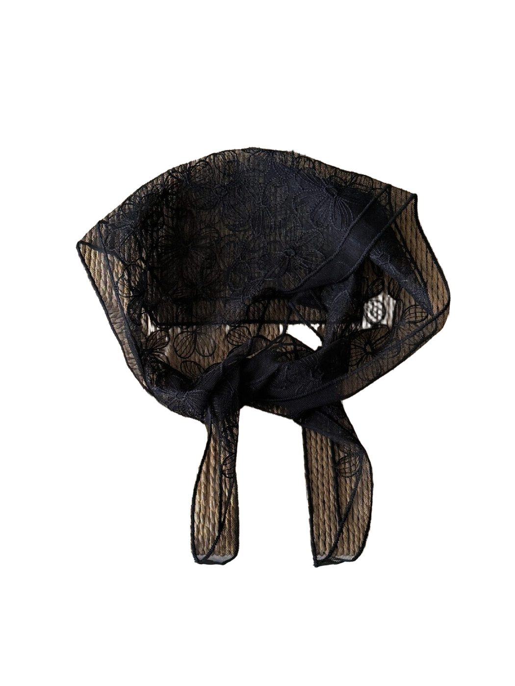 Black sheer floral scarf loosely tied to show its embroidered border and tapered ends