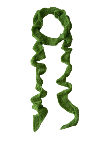 Green ruffled skinny scarf laid flat in a full-length view