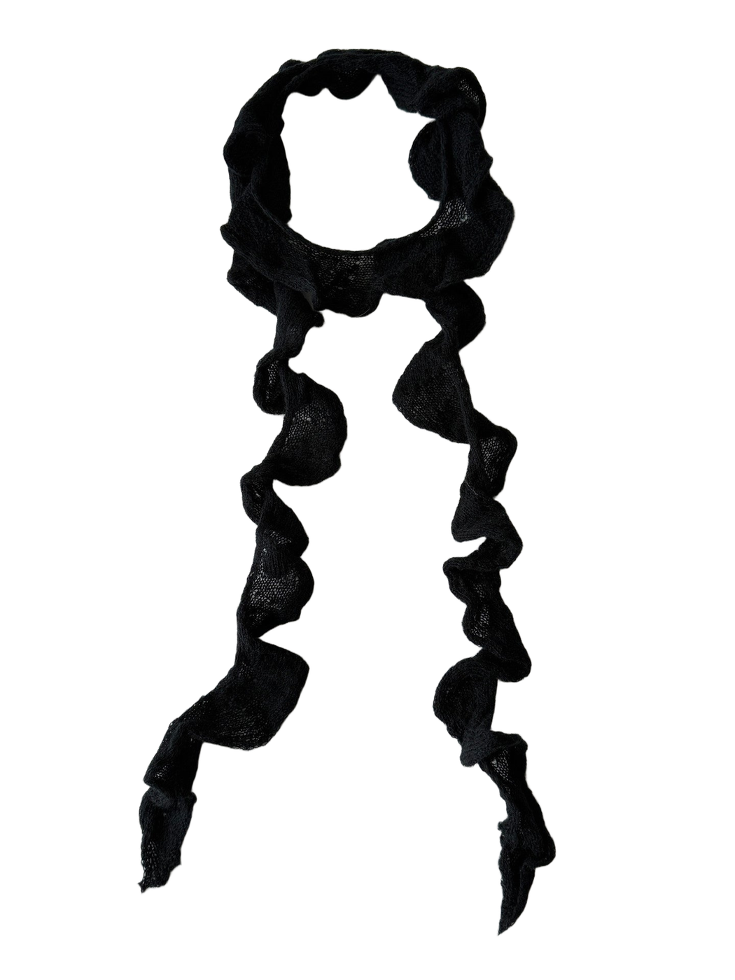 Black ruffled skinny scarf laid flat in a full-length view