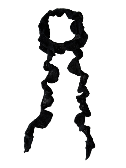 Black ruffled skinny scarf laid flat in a full-length view