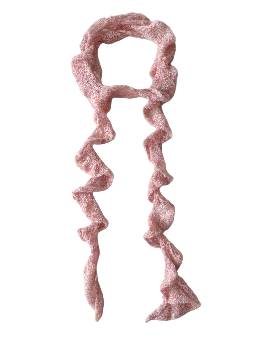 Dusty pink ruffled skinny scarf laid flat in a full-length view