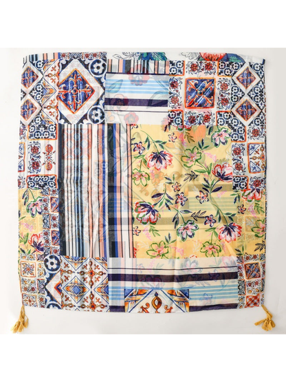 Multicolor rectangular scarf with floral, striped and ornamental patchwork print