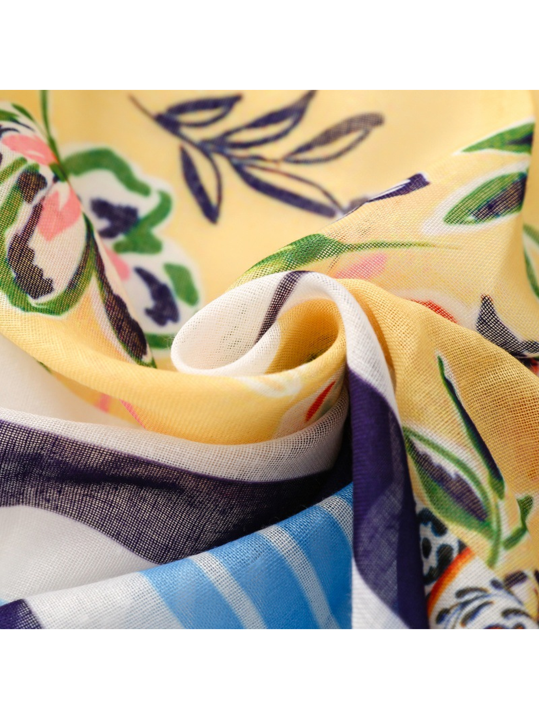 Close-up of the scarf's fine semi-sheer weave and overlapping printed folds