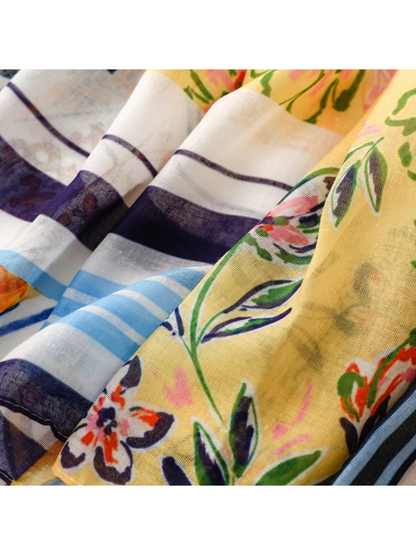 Close-up of yellow floral panels and blue striped sections in soft folds
