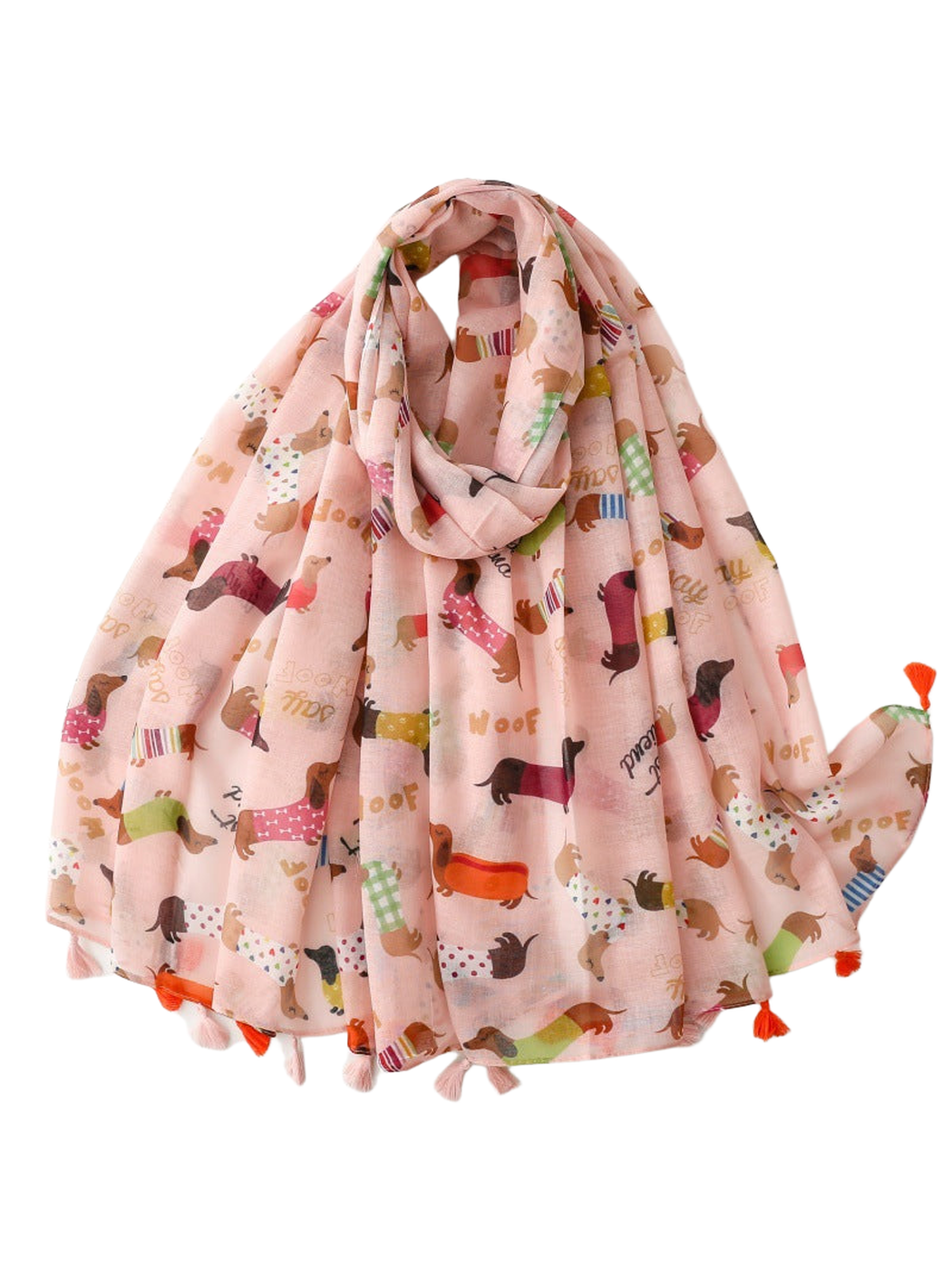 Light pink dachshund-print scarf with alternating orange and pale pink tassels, draped view