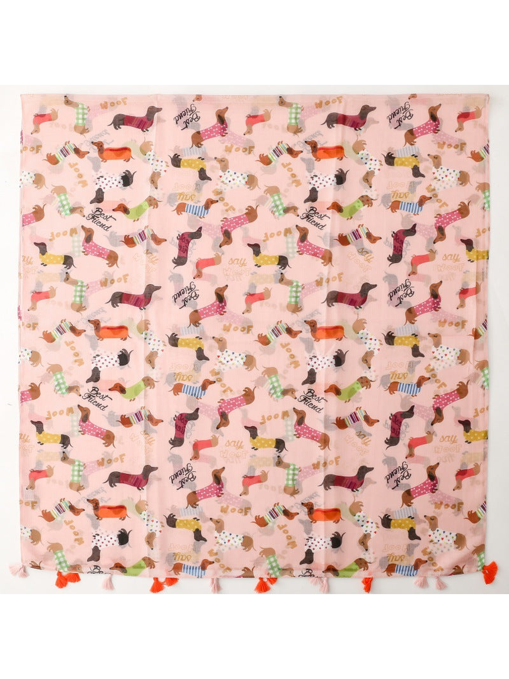 Light pink dachshund-print scarf laid flat with alternating orange and pale pink tassels