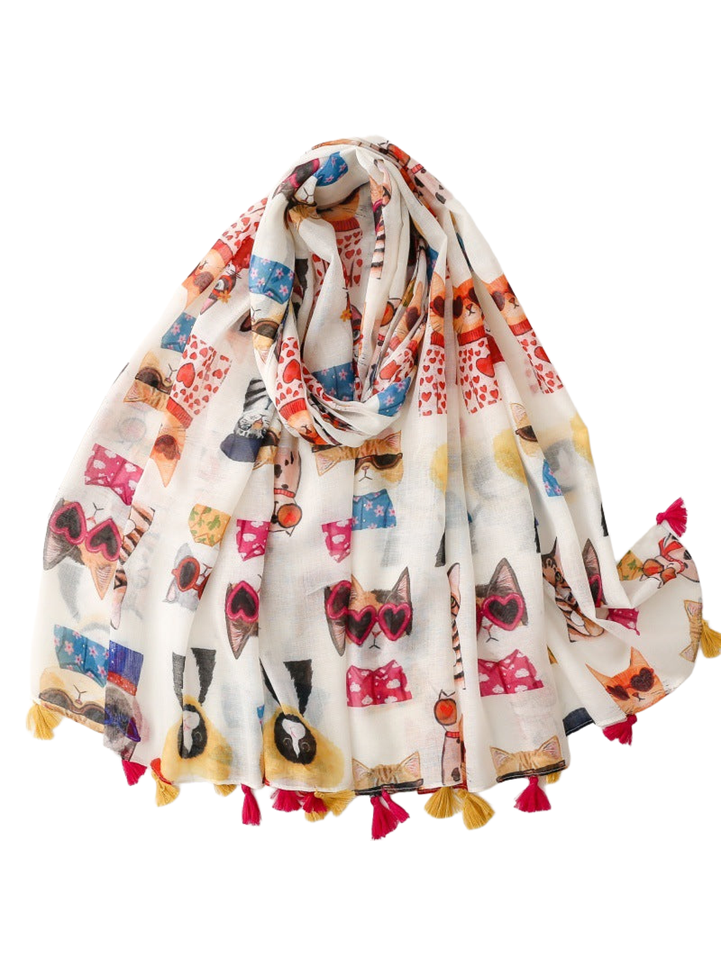 Multicolor cat-print scarf draped with pink and mustard tassels