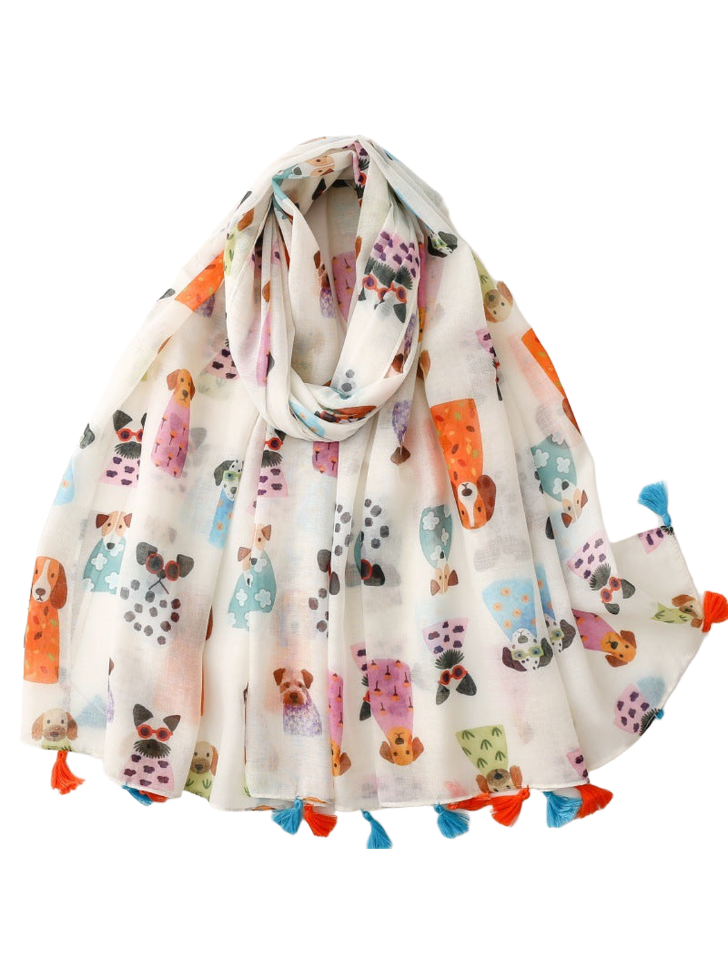 Ivory scarf with colorful cartoon dog print and blue and orange tassels
