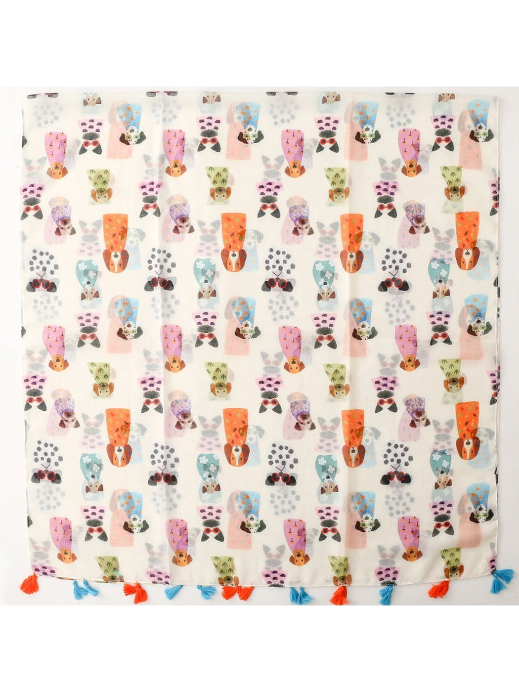 Ivory cartoon dog print scarf with alternating blue and orange tassels, full flat view