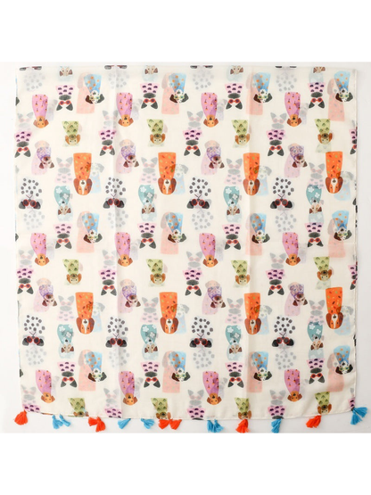 Ivory cartoon dog print scarf with alternating blue and orange tassels, full flat view